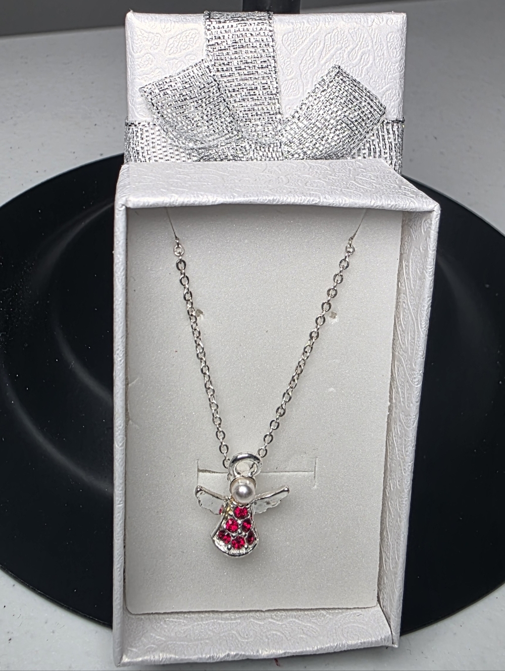Avon Silver-Tone Angel Pendant Necklace with Red Accents
